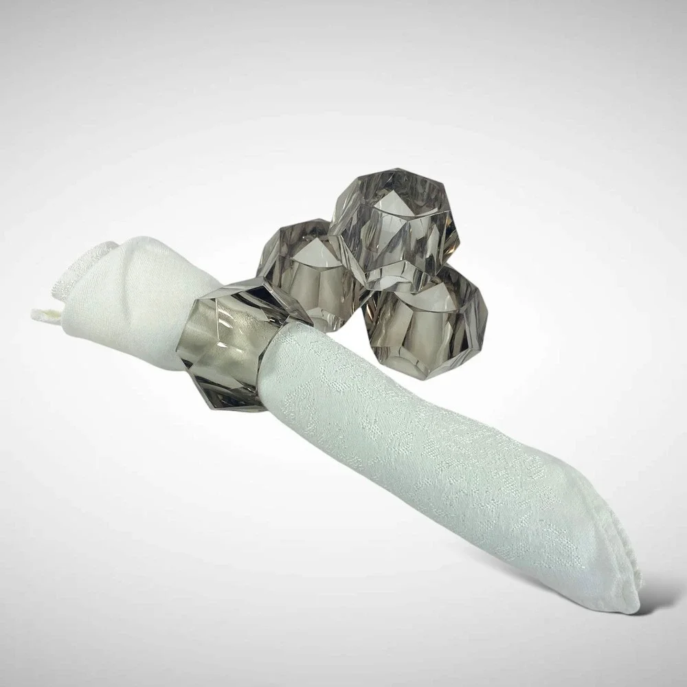 Light Smoky Lucite Napkin‎ Rings Set of 4 Geometric Faceted Acrylic 1980s Decor